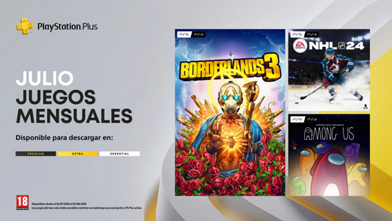 Unos que llegan… Fuente: Blog PlayStation (https://blog.es.playstation.com/2024/06/26/juegos-mensuales-de-playstation-plus-de-julio-borderlands-3-nhl-24-y-among-us/)