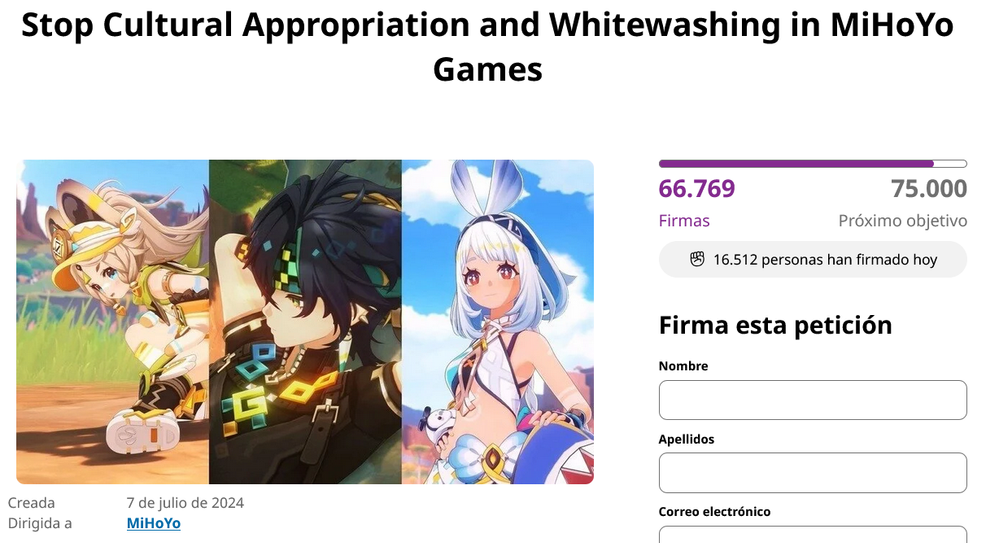La polémica está servida. Fuente: Change.org (https://www.change.org/p/stop-cultural-appropriation-and-whitewashing-in-mihoyo-games)