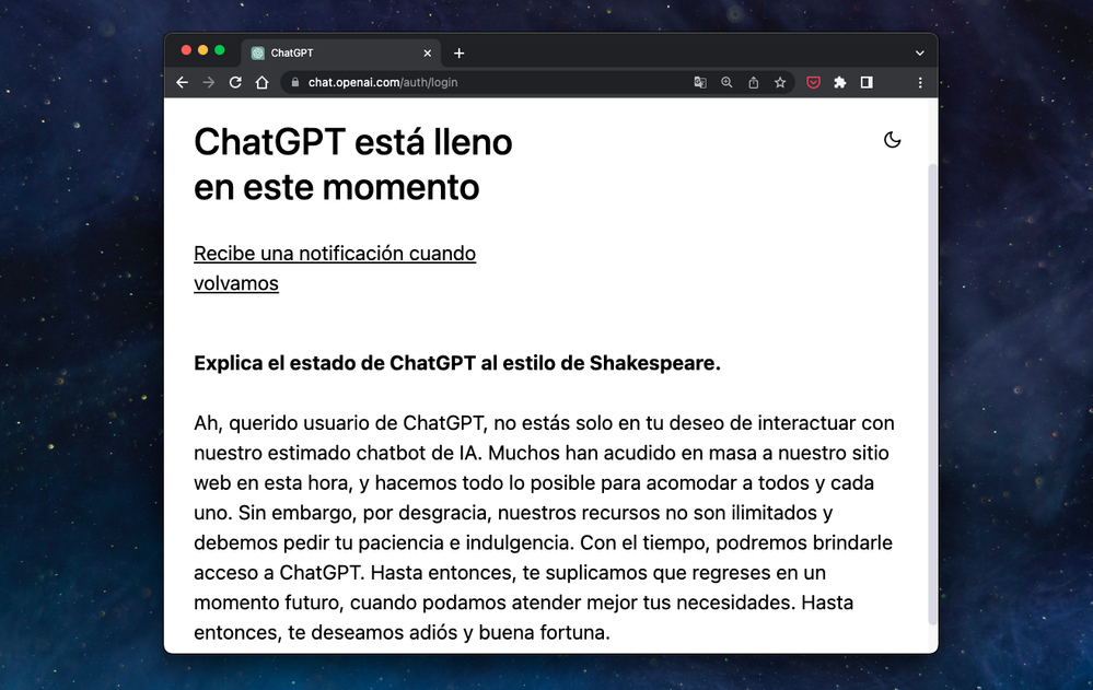 A veces no da abasto. Fuente: Xataka (https://www.xataka.com/robotica-e-ia/estamos-utilizando-chatgpt-que-hemos-saturado-sus-servidores-no-mala-noticia)