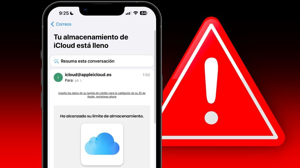 Desconfía de estos correos. Fuente: Xataka (https://www.xatakamovil.com/seguridad/no-te-fies-te-dicen-que-tu-almacenamiento-icloud-esta-lleno-vuelve-estafa-a-tu-bandeja-entrada)