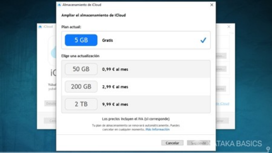 Si necesitas más espacio, hay que pagar. Fuente: Xataka (https://www.xataka.com/basics/comprar-espacio-icloud-que-tarifas-hay-disponibles-como-comprar-ios-macos-windows-10)