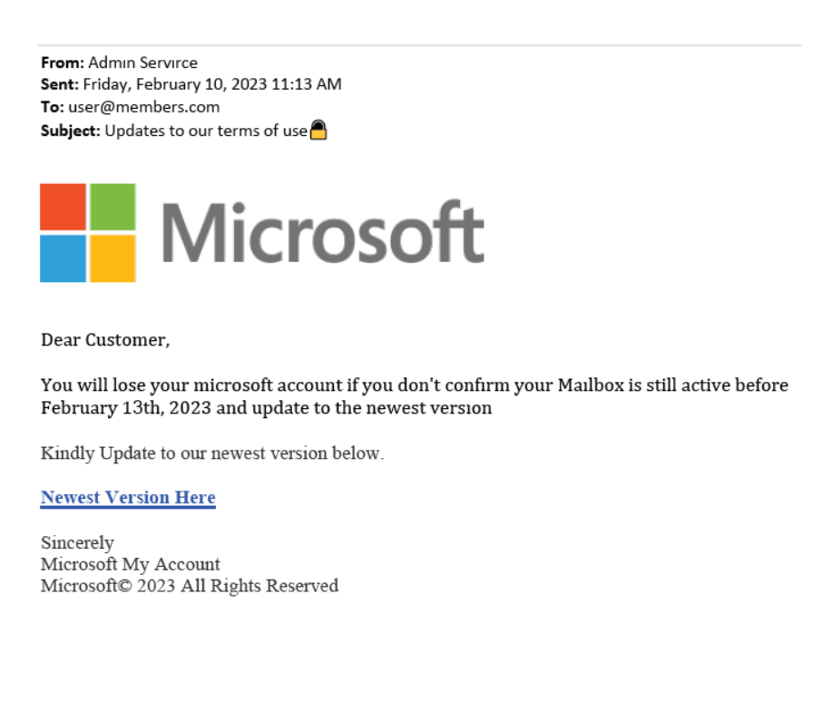 No es auténtico. Fuente: Microsoft (https://answers.microsoft.com/en-us/outlook_com/forum/all/why-cant-microsoft-spot-phishing-emails-from/be66e155-9605-458b-acdf-facc491f0a47)